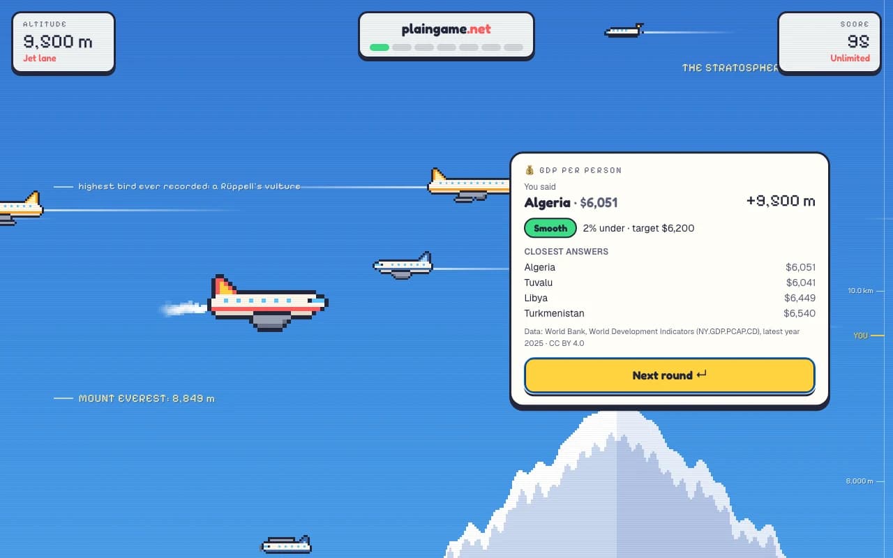 Plain Game result card after a Smooth answer, with the plane cruising among airliners
